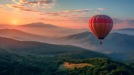 Fototapeta premium Serene Hot Air Balloon Ride Over Majestic Mountain Landscapes at Breathtaking Sunrise