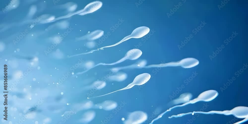 Poster White sperms flowing dynamically on a blue background representing fertility and reproduction