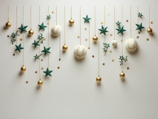 Elegant Christmas decorations with stars and baubles hanging on a light background, creating a festive and minimalist holiday aesthetic.