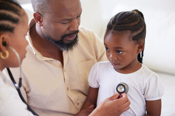 Black family, girl child and doctor with stethoscope for healthcare consultation and lung problem in hospital. African dad, sick kid and pediatrician woman with check breathing for asthma diagnosis