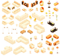 Vector isometric home furniture set. Domestic and office furniture and equipment. Sofa, bed, chairs, armchair, table, lamp, shelves and stools