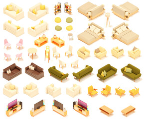 Vector isometric home furniture set. Domestic and office furniture and equipment. Sofa, bed, chairs, armchair, table, lamp, shelves and stools