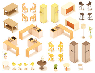 Vector isometric kitchen furniture set. Dining room table, lamps, cabinets and stools, stove, oven, sink, kitchen island and countertop