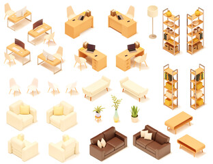 Vector isometric home and office furniture set. Domestic and working furniture and equipment. chairs, armchair, table, desk, lamp, shelves and armchair