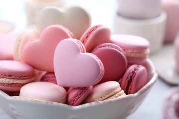 Colorful assortment of macarons on a wooden table, perfect for bakery ads, dessert menus, and Valentine's Day promotions.