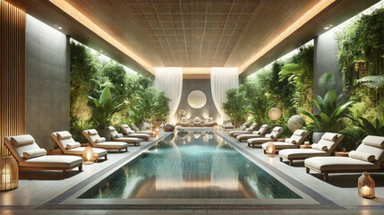 A serene indoor pool surrounded by lush greenery, with comfortable lounge chairs and soft ambient lighting.