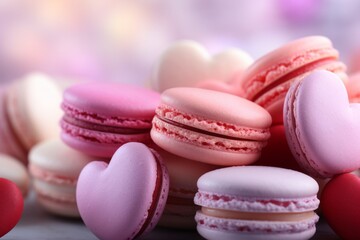 Fototapeta premium Colorful assortment of macarons on a wooden table, perfect for bakery ads, dessert menus, and Valentine's Day promotions.
