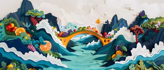 Abstract landscape painting with a bridge over a flowing river.