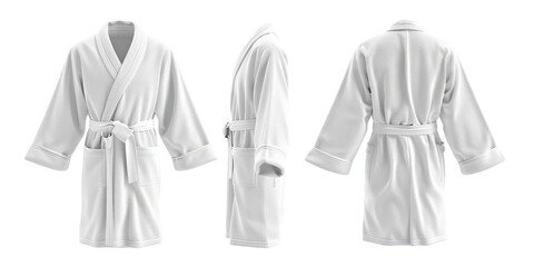 This image shows a white bathrobe displayed from three angles: front, side, and back. The bathrobe features a shawl collar, long sleeves, two front pockets, and a belt tied at the waist