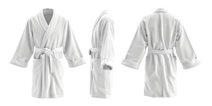 This image shows a white bathrobe displayed from three angles: front, side, and back. The bathrobe features a shawl collar, long sleeves, two front pockets, and a belt tied at the waist