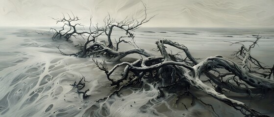 A gnarled tree trunk lies on a misty beach, its branches reaching towards the stormy sky.