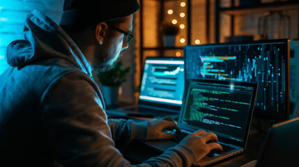 Fototapeta premium A focused programmer works on a laptop, surrounded by screens displaying code in a dimly lit, tech-savvy workspace.