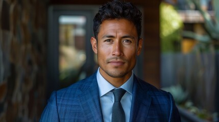 Naklejka premium Sharp-dressed man in a blue suit with a piercing gaze, standing confidently outdoors
