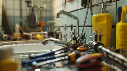 A well-organized kitchen scene with various tools, utensils, and cleaning supplies neatly arranged around a pristine sink, indicating readiness for use.