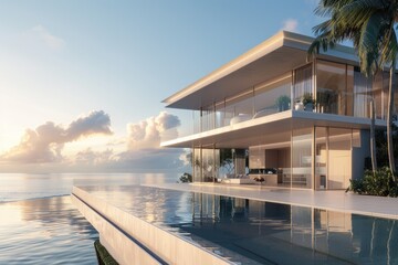 Discover a breathtaking modern luxury beachfront villa with an infinity pool gazing at the ocean during sunset AIG59
