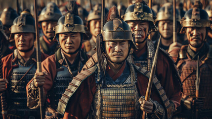 Fototapeta premium A group of warriors clad in traditional armor standing resolutely together, showcasing their strength and unity in an intense historical setting.