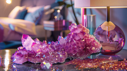 Amethyst Healing Crystal. Alternative Medicine. Crystals for Health. Energy Power. Wellness. Photo in Interior of Bedroom