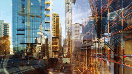 A bustling urban construction scene is captured with cranes and towering buildings under the clear blue sky.