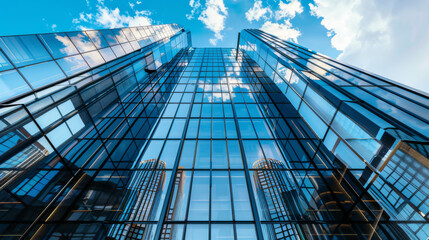 Obraz premium Upward view of modern skyscrapers with reflective glass exteriors, capturing a clear blue sky and dynamic reflections of clouds, symbolizing urban sophistication.