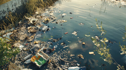 Polluted water with floating debris and trash, highlighting the environmental impact of human activities on waterways.