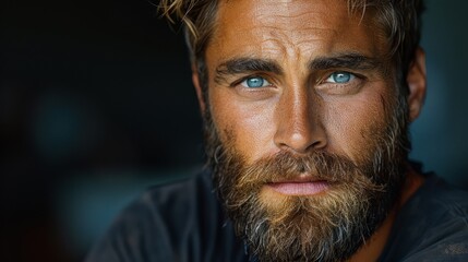 Intensely staring man with striking blue eyes and a rough beard presents a rugged appearance