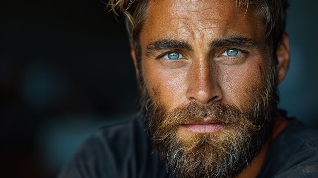 Intensely staring man with striking blue eyes and a rough beard presents a rugged appearance