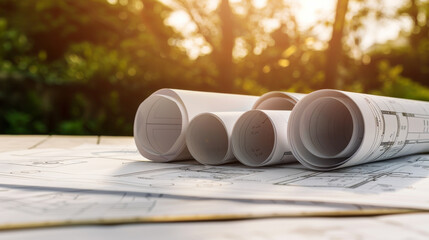 Rolled-up architectural plans lie on a sunlit outdoor table, portraying the beginning of a project set amidst a serene natural backdrop.