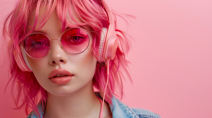 Fototapeta premium girl with pink hair wearing pink sunglasses on the pink background