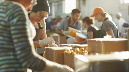 Volunteers diligently pack food boxes in a bustling community center, reflecting a spirit of teamwork and compassion.