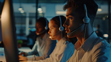 A focused call center team working intently in a dimly lit office, with headsets on, managing customer queries and providing support.