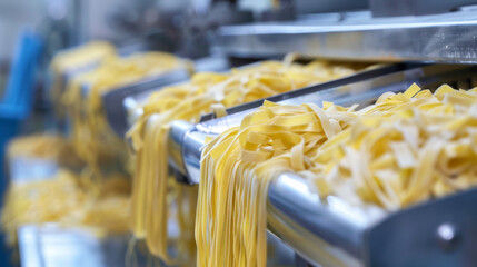 Fresh pasta strands laid out on an assembly line in a pasta factory, highlighting the process of producing and packaging pasta in a commercial setting.