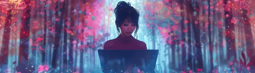 A woman working on a laptop in the middle of a digital forest, front view, ignoring the surreal scenery, digital tone, Triadic Color Scheme