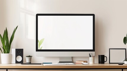 A working desk with a computer monitor, keyboard, mouse, and a small green plant in a white pot. 