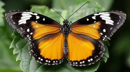 Naklejka premium A majestic plain tiger butterfly, danaus chrysippus, perches on a leaf, showcasing its vibrant orange and black wings with white spots, amidst a lush green background.