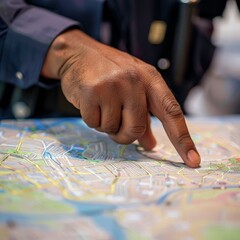 Close-up of a person pointing at a map with their finger, providing direction and navigation assistance in an urban area.