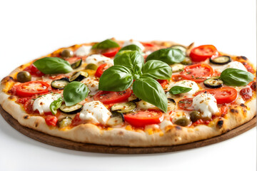Italian pizza with melted mozzarella cheese green olives and tomato garnished with fresh vegetables and basil leaves.isolated on white background