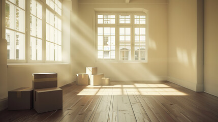 Obraz premium Sunlight streams into an empty room with wooden floors and packed moving boxes, symbolizing new beginnings.