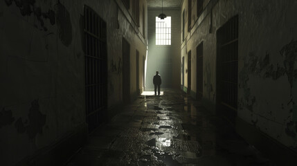 Obraz premium A solitary figure stands in the dimly lit corridor of an abandoned building, light flooding through a distant window, creating an eerie yet intriguing scene.