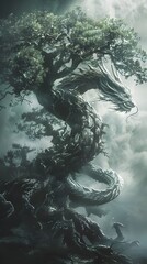Mystical Dragon Entwined in Gnarled Roots of Ancient Tree Whispering Secrets to Leaves in Fantasy Background