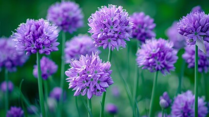 Fototapeta premium Vibrant purple onion flowers bloom in the great outdoors, delicate petals swaying gently in the breeze, surrounded by lush green foliage, warm sunlight casting a serene atmosphere.