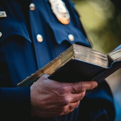 Obraz premium Close-up of a uniformed officer holding an open book, representing duty, law, and order with focus on hands and book.