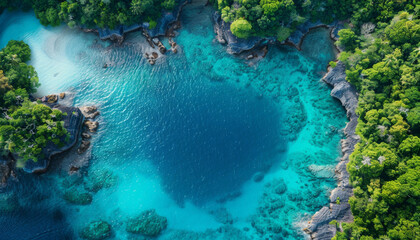 Obraz premium aerial view of a tropical island with a turquoise lagoon and coral reefs