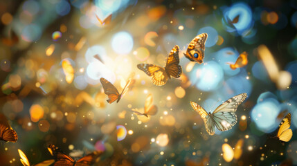 Colorful butterflies flutter amidst a whimsical backdrop of light and soft bokeh, creating an ethereal scene.