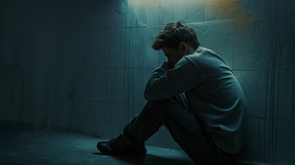 A solitary figure sits despondently in a dimly lit corner, exuding a profound sense of loneliness and melancholy.