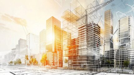 The juxtaposition of modern architectural designs and construction frameworks highlights the blend of progress and creativity.