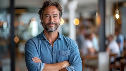 Fototapeta premium Confident businessman with stubble in a blue shirt posing in a contemporary office environment