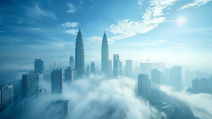 Fototapeta premium Commercial photohraph, Capture a real photography scene of KLCC Tower during the morning, viewed from a distance. Choose a simple landscape with white clouds against a clear blue sky.generative ai