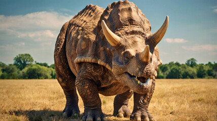 Fototapeta premium Triceratops: The Majestic Herbivore with Three Horns and a Massive Frill Dominating the Late Cretaceous Era.