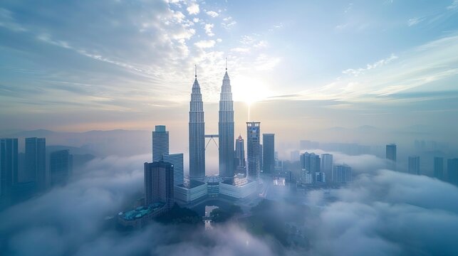 Commercial photohraph, Capture a real photography scene of KLCC Tower during the morning, viewed from a distance. Choose a simple landscape with white clouds against a clear blue sky.generative ai