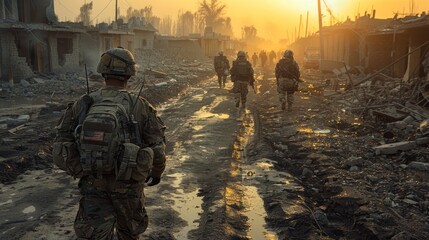 Soldiers patrolling a destroyed environment with smoke and ruins at sunset or sunrise